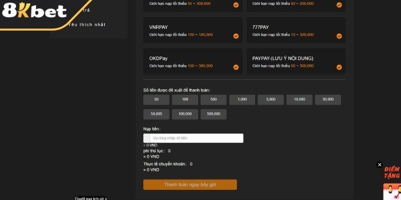 Hướng dẫn nạp tiền 8Kbet siêu chi tiết cho hội viên